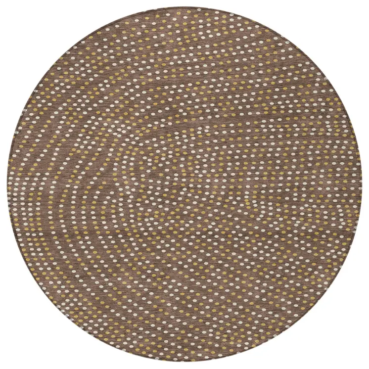 8' Brown Gold And Ivory Round Polka Dot Washable Indoor Outdoor Area Rug