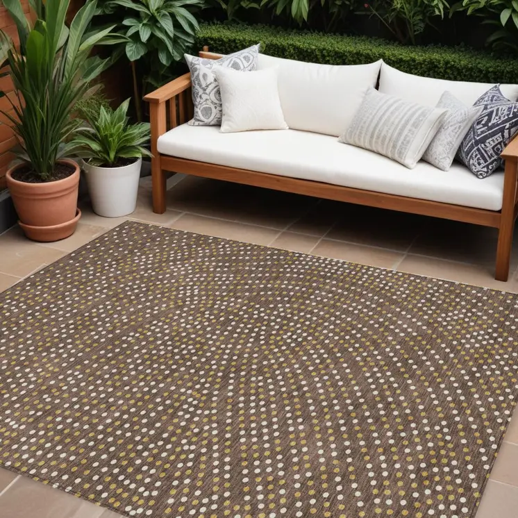 8' X 10' Brown Gold And Ivory Polka Dot Washable Indoor Outdoor Area Rug