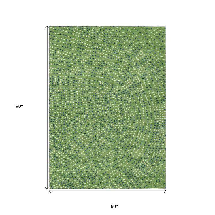 5' X 8' Green Blue And Ivory Polka Dot Washable Indoor Outdoor Area Rug