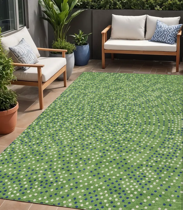 5' X 8' Green Blue And Ivory Polka Dot Washable Indoor Outdoor Area Rug