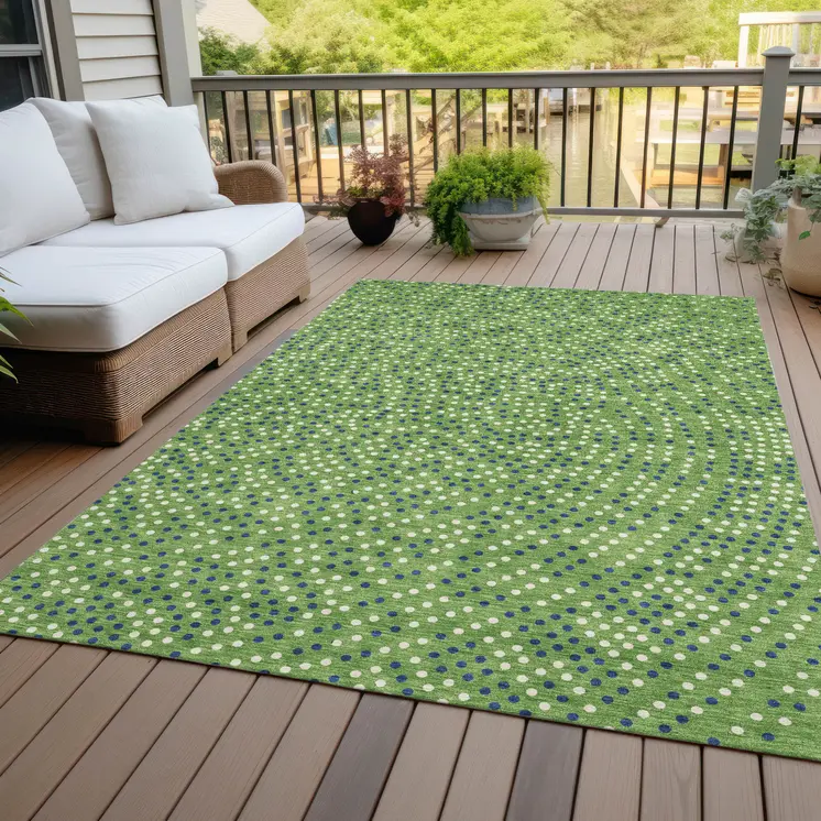 5' X 8' Green Blue And Ivory Polka Dot Washable Indoor Outdoor Area Rug
