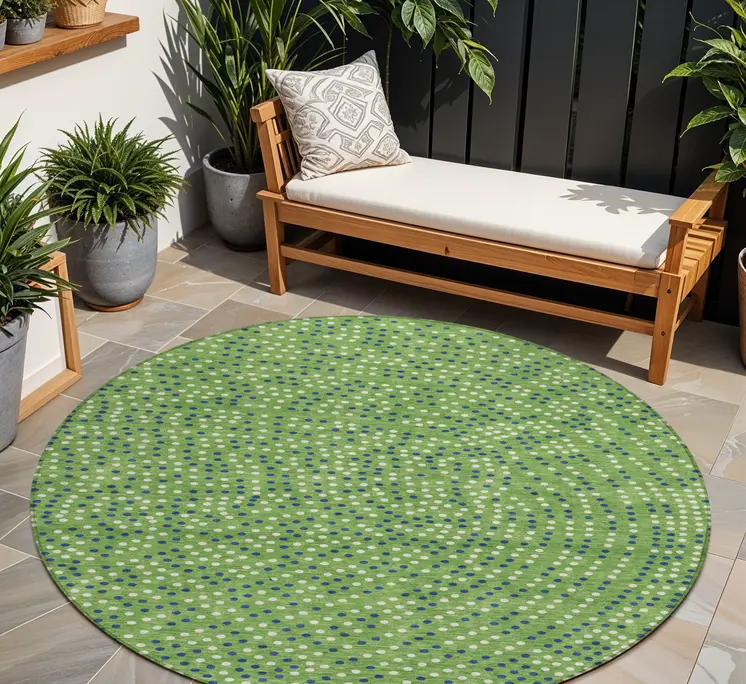 8' Green Blue And Ivory Round Polka Dot Washable Indoor Outdoor Area Rug