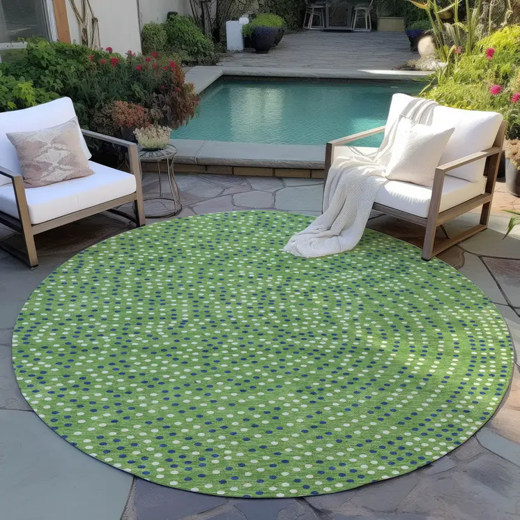 8' Green Blue And Ivory Round Polka Dot Washable Indoor Outdoor Area Rug