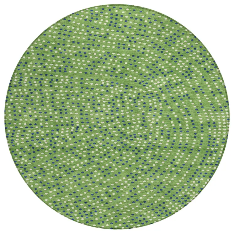 8' Green Blue And Ivory Round Polka Dot Washable Indoor Outdoor Area Rug