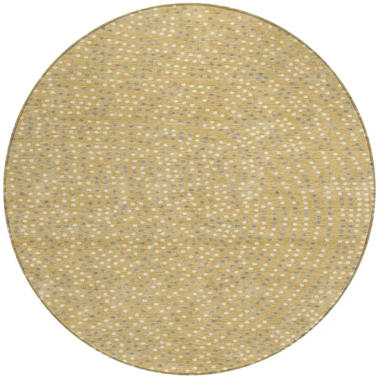 8' Gold Gray And Ivory Round Polka Dot Washable Indoor Outdoor Area Rug
