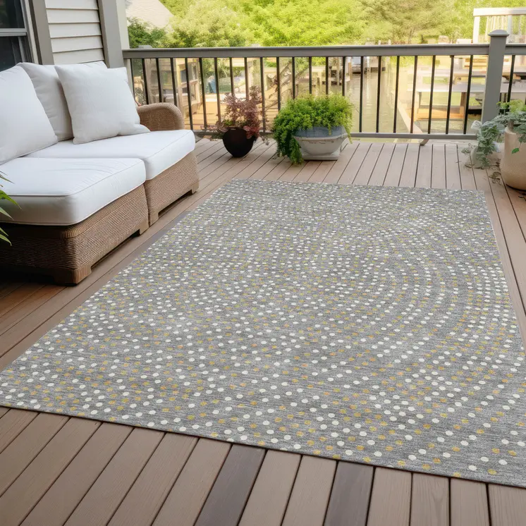 3' X 5' Gray Gold And Ivory Polka Dot Washable Indoor Outdoor Area Rug