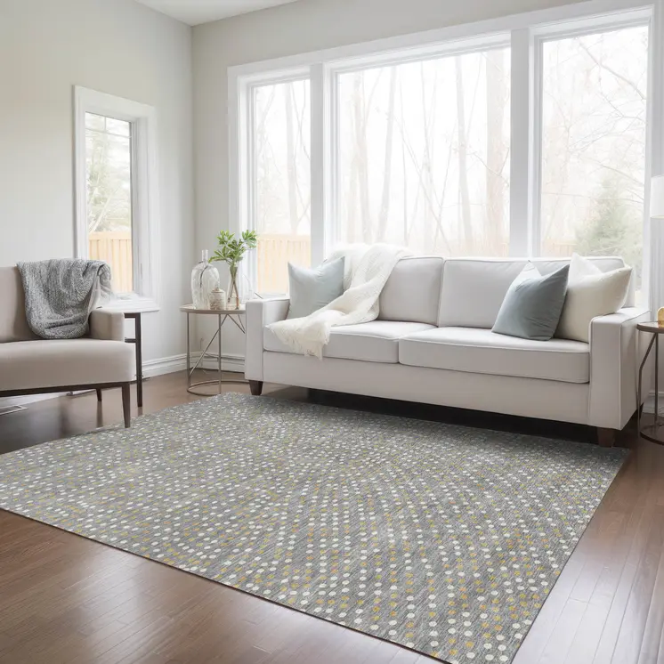 5' X 8' Gray Gold And Ivory Polka Dot Washable Indoor Outdoor Area Rug