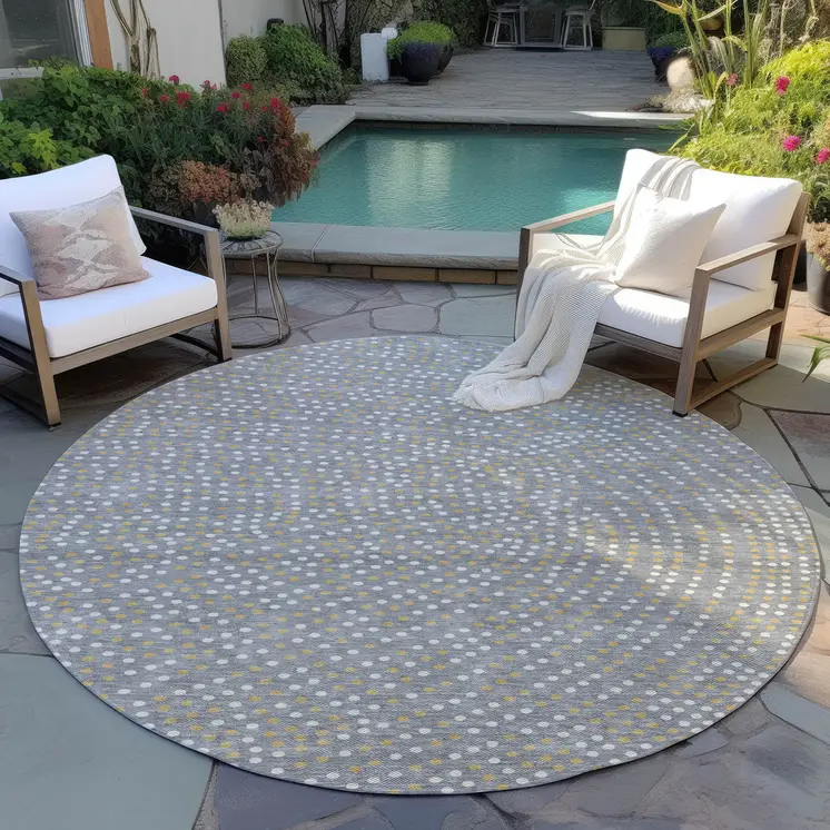 8' Gray Gold And Ivory Round Polka Dot Washable Indoor Outdoor Area Rug