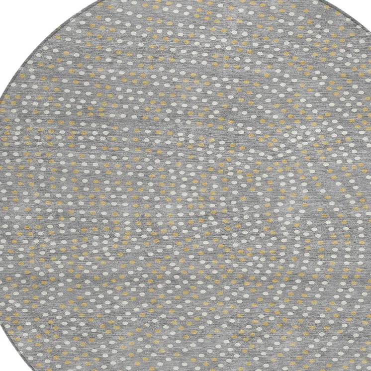 8' Gray Gold And Ivory Round Polka Dot Washable Indoor Outdoor Area Rug