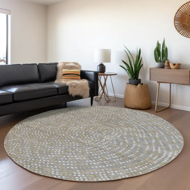 8' Gray Gold And Ivory Round Polka Dot Washable Indoor Outdoor Area Rug
