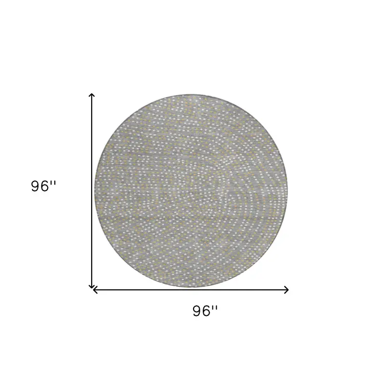 8' Gray Gold And Ivory Round Polka Dot Washable Indoor Outdoor Area Rug