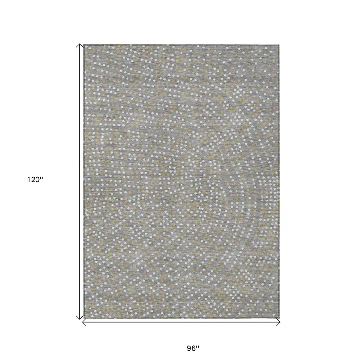 8' X 10' Gray Gold And Ivory Polka Dot Washable Indoor Outdoor Area Rug