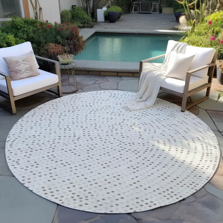 8' Ivory And Brown Round Polka Dot Washable Indoor Outdoor Area Rug
