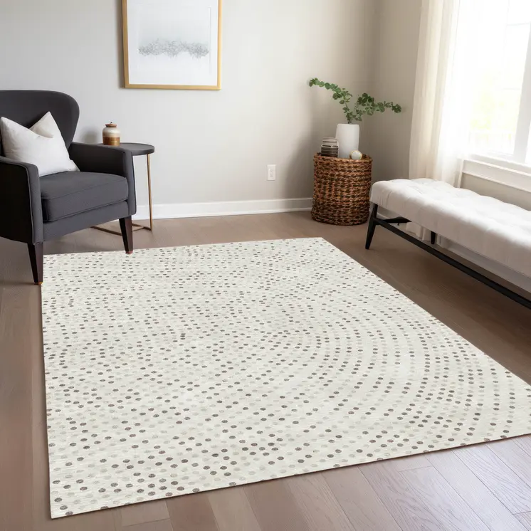 8' X 10' Ivory And Brown Polka Dot Washable Indoor Outdoor Area Rug