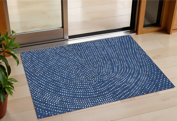 3' X 5' Navy Blue Gray And Ivory Polka Dot Washable Indoor Outdoor Area Rug