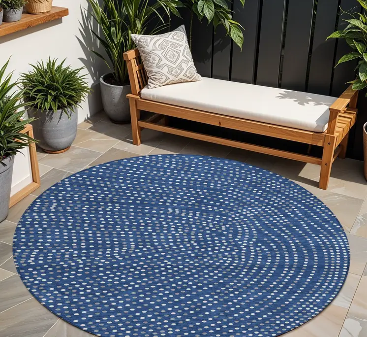 8' Navy Blue Gray And Ivory Round Polka Dot Washable Indoor Outdoor Area Rug