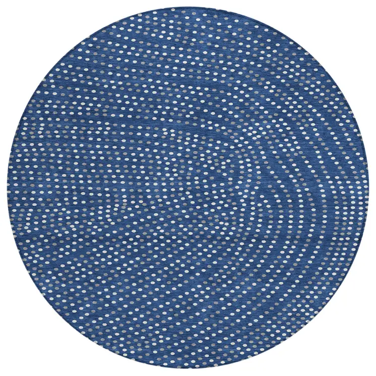 8' Navy Blue Gray And Ivory Round Polka Dot Washable Indoor Outdoor Area Rug