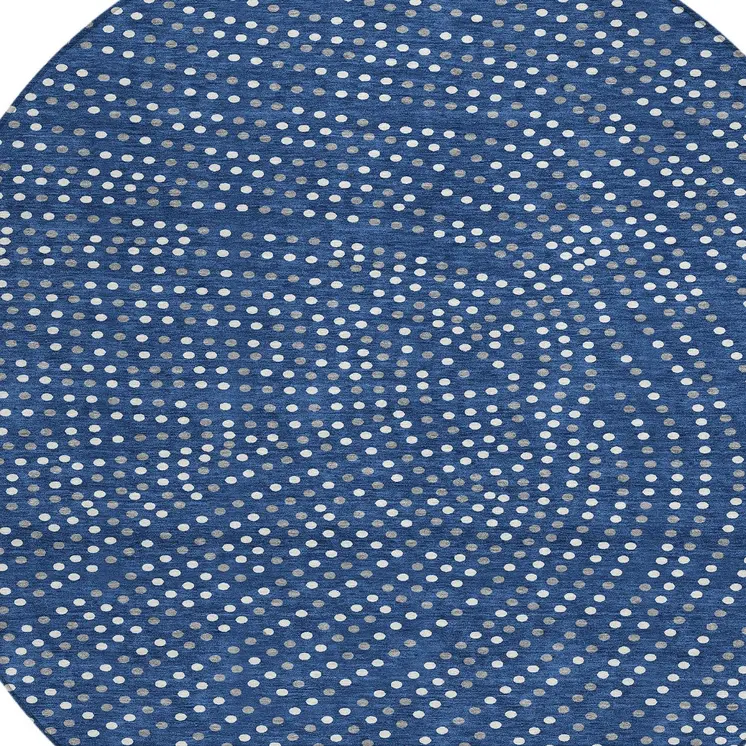8' Navy Blue Gray And Ivory Round Polka Dot Washable Indoor Outdoor Area Rug