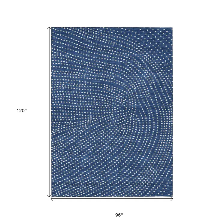8' X 10' Navy Blue Gray And Ivory Polka Dot Washable Indoor Outdoor Area Rug