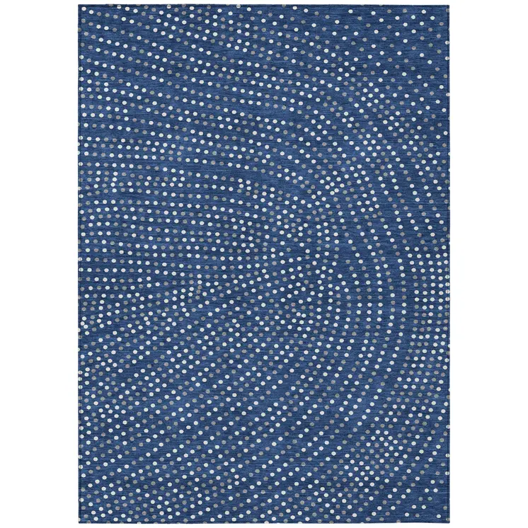 8' X 10' Navy Blue Gray And Ivory Polka Dot Washable Indoor Outdoor Area Rug
