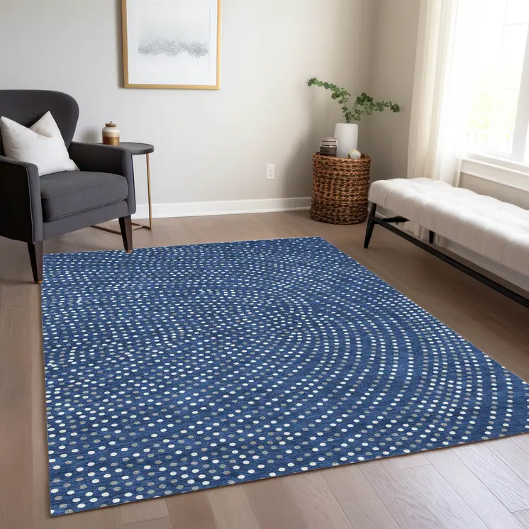 8' X 10' Navy Blue Gray And Ivory Polka Dot Washable Indoor Outdoor Area Rug