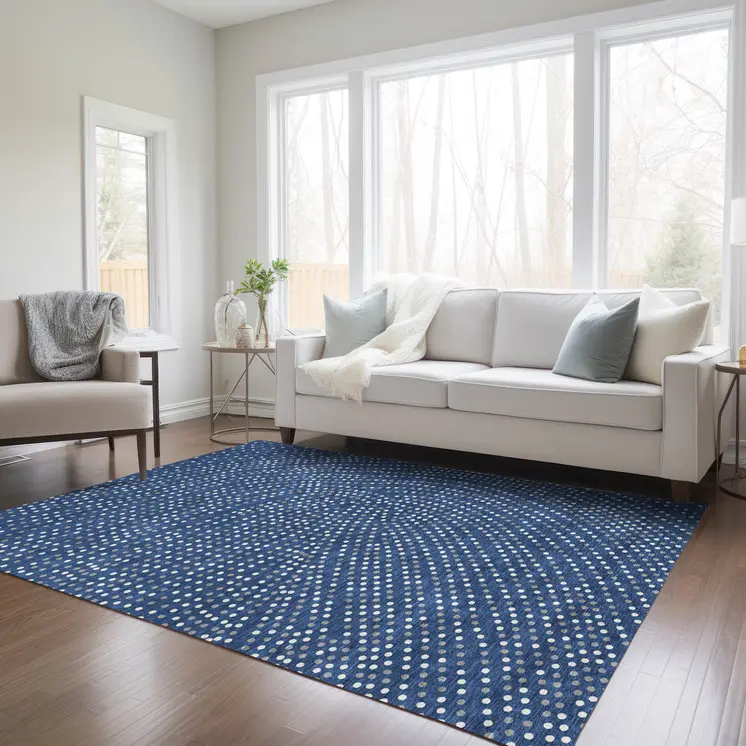 10' X 14' Navy Blue Gray And Ivory Polka Dot Washable Indoor Outdoor Area Rug