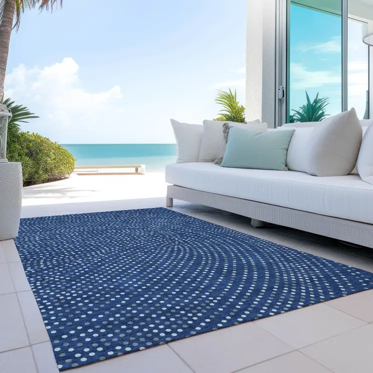 10' X 14' Navy Blue Gray And Ivory Polka Dot Washable Indoor Outdoor Area Rug