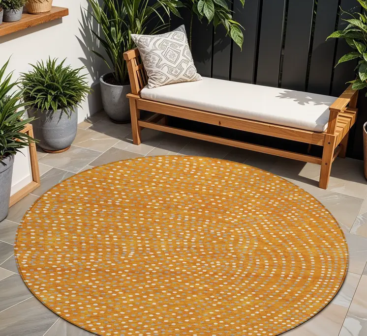 8' Orange Gray And Ivory Round Polka Dot Washable Indoor Outdoor Area Rug
