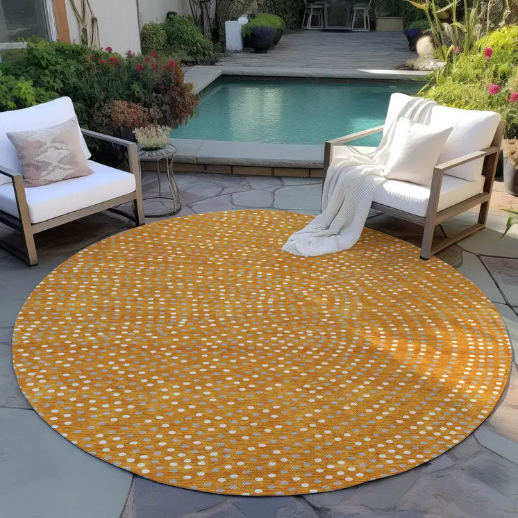 8' Orange Gray And Ivory Round Polka Dot Washable Indoor Outdoor Area Rug