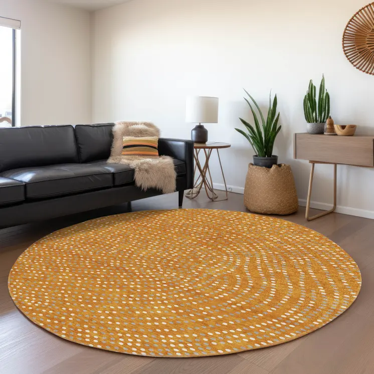 8' Orange Gray And Ivory Round Polka Dot Washable Indoor Outdoor Area Rug