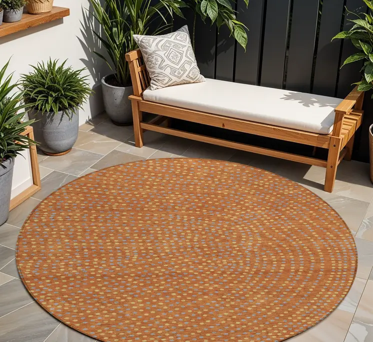 8' Brown Gray And Gold Round Polka Dot Washable Indoor Outdoor Area Rug