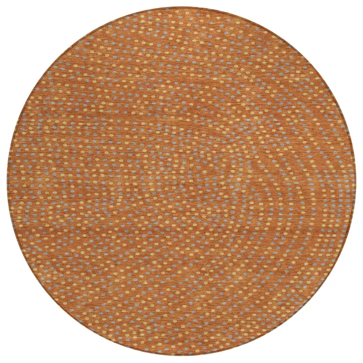 8' Brown Gray And Gold Round Polka Dot Washable Indoor Outdoor Area Rug