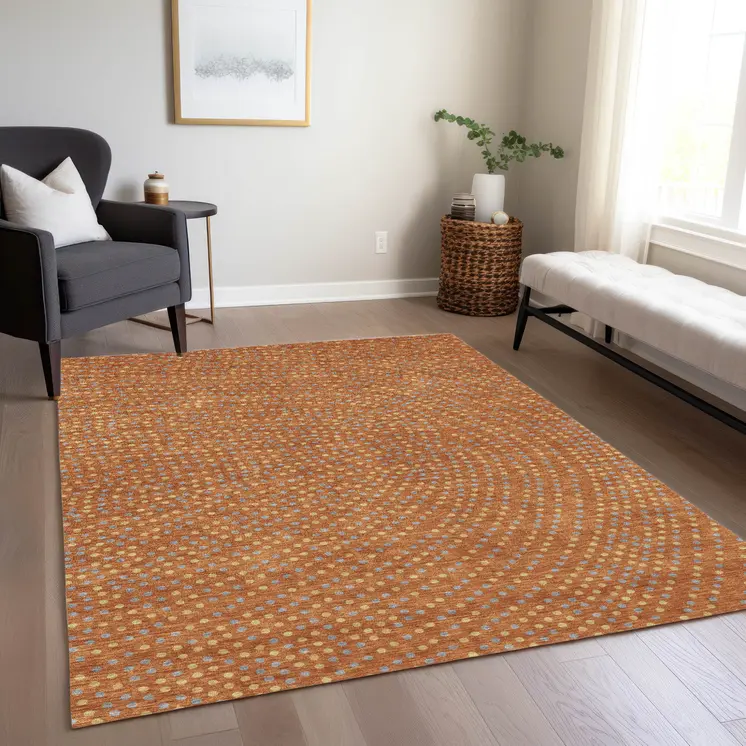 9' X 12' Brown Gray And Gold Polka Dot Washable Indoor Outdoor Area Rug