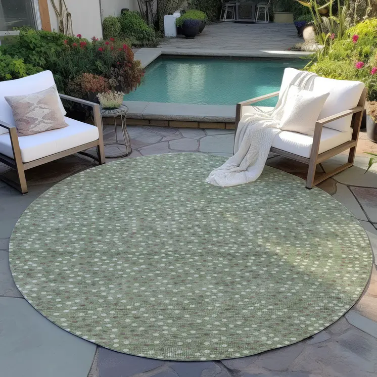 8' Sage Gray And Ivory Round Polka Dot Washable Indoor Outdoor Area Rug