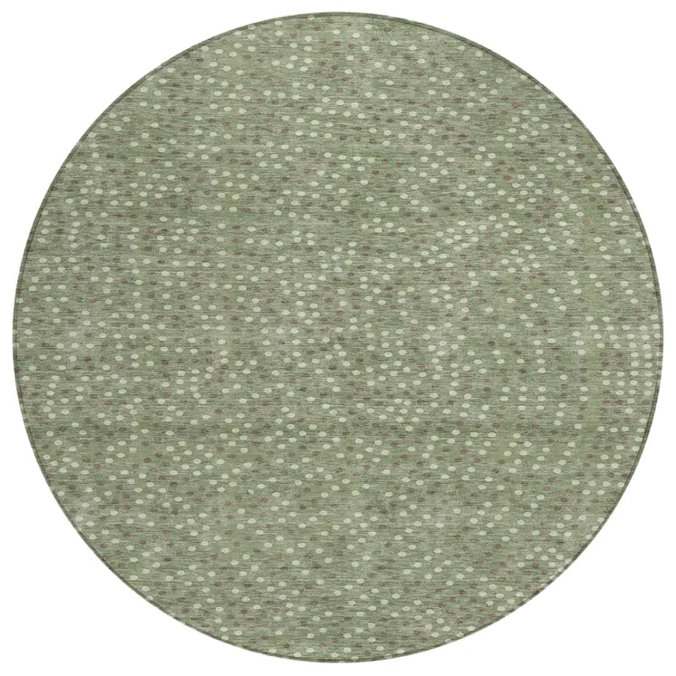 8' Sage Gray And Ivory Round Polka Dot Washable Indoor Outdoor Area Rug