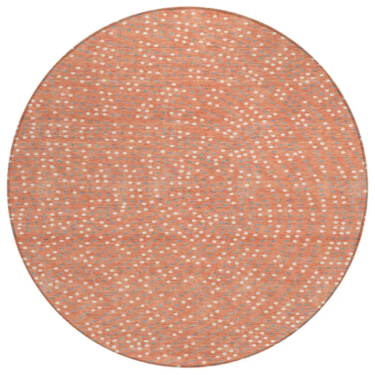 8' Salmon Gray And Ivory Round Polka Dot Washable Indoor Outdoor Area Rug