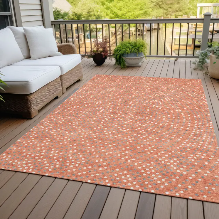 9' X 12' Salmon Gray And Ivory Polka Dot Washable Indoor Outdoor Area Rug