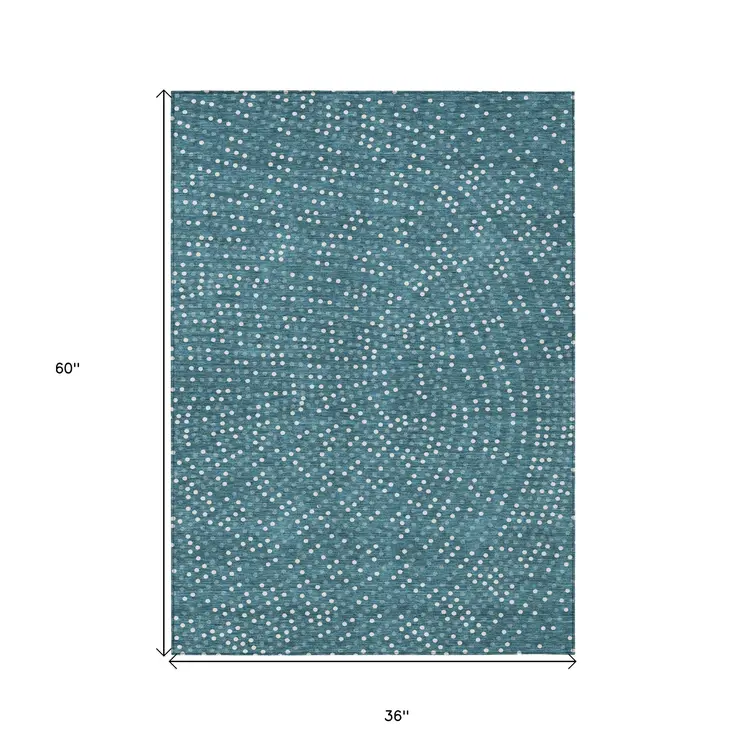 3' X 5' Teal Blue Gray And Ivory Polka Dot Washable Indoor Outdoor Area Rug