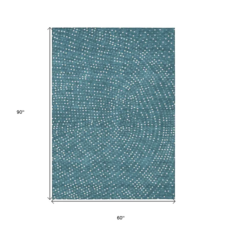 5' X 8' Teal Blue Gray And Ivory Polka Dot Washable Indoor Outdoor Area Rug
