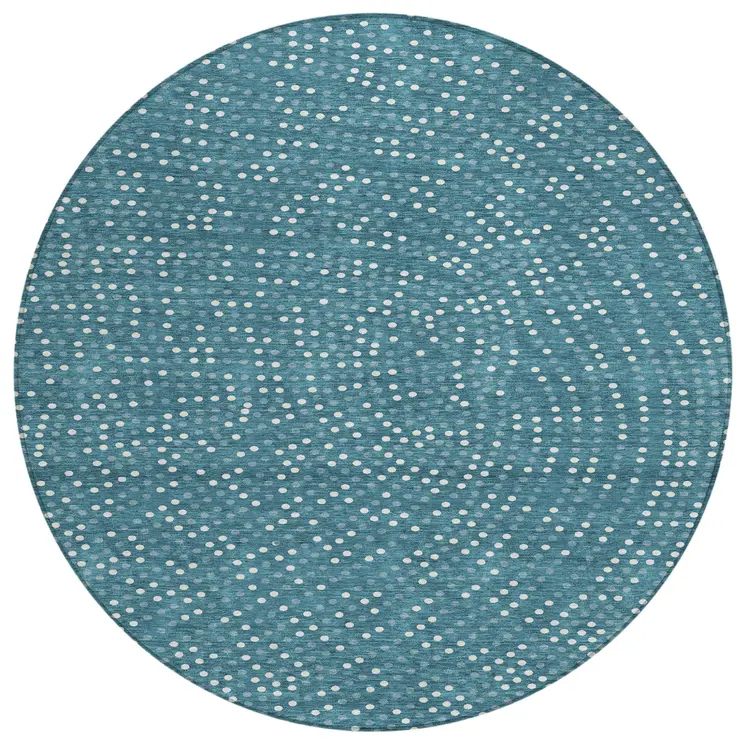 8' Teal Blue Gray And Ivory Round Polka Dot Washable Indoor Outdoor Area Rug