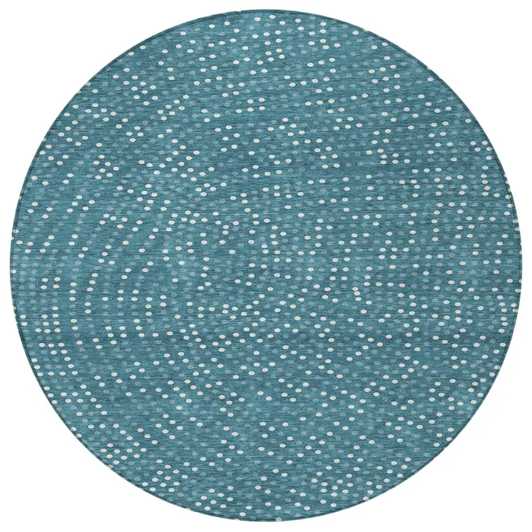 8' Teal Blue Gray And Ivory Round Polka Dot Washable Indoor Outdoor Area Rug