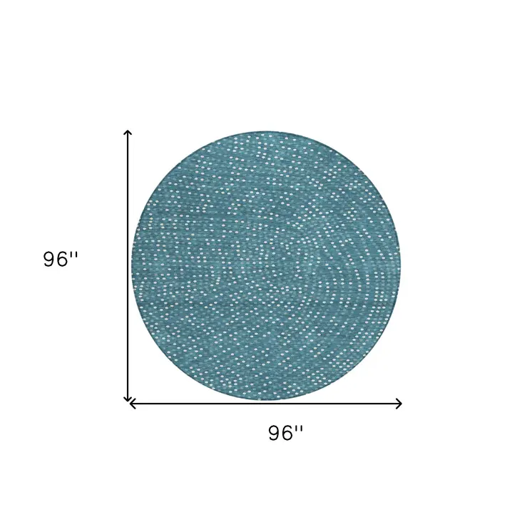 8' Teal Blue Gray And Ivory Round Polka Dot Washable Indoor Outdoor Area Rug