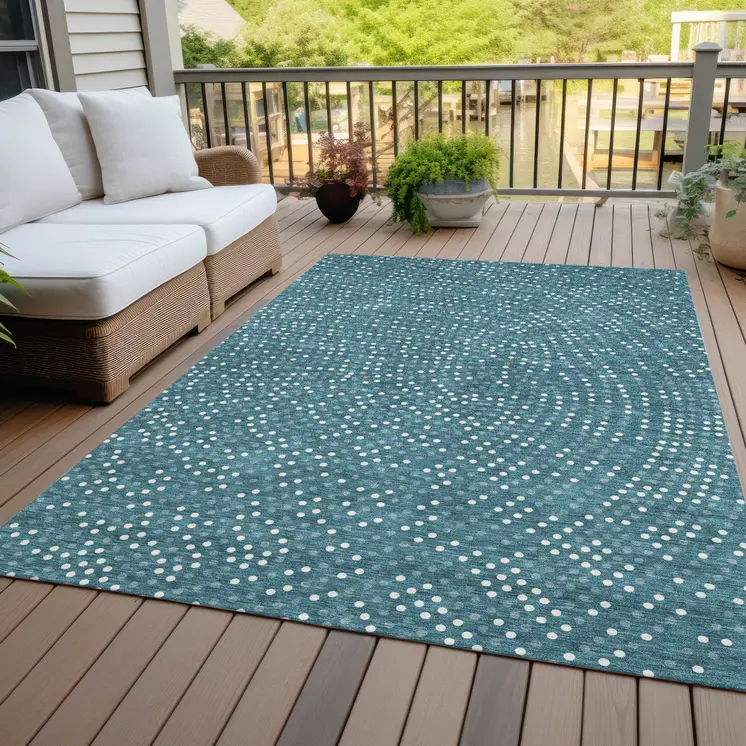 8' X 10' Teal Blue Gray And Ivory Polka Dot Washable Indoor Outdoor Area Rug