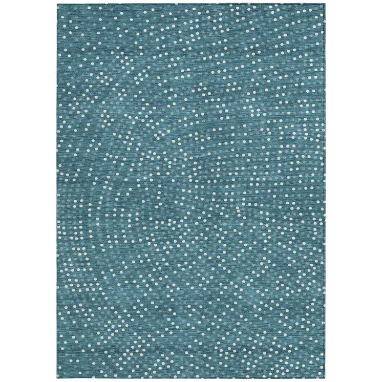 8' X 10' Teal Blue Gray And Ivory Polka Dot Washable Indoor Outdoor Area Rug