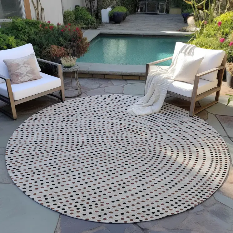 8' Taupe Black And Brown Round Polka Dot Washable Indoor Outdoor Area Rug