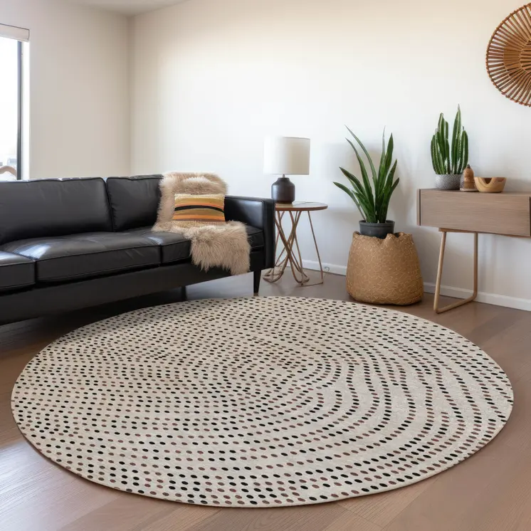 8' Taupe Black And Brown Round Polka Dot Washable Indoor Outdoor Area Rug