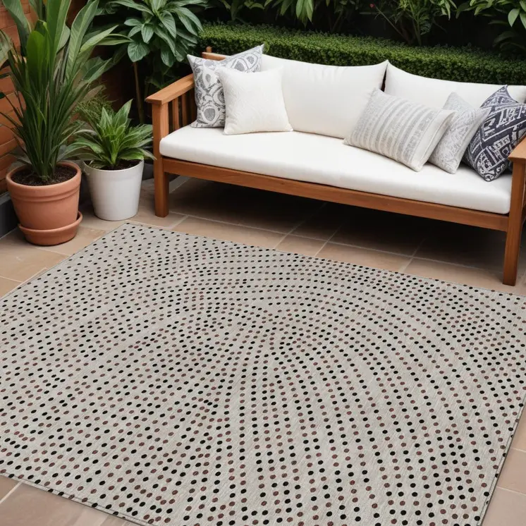 8' X 10' Taupe Black And Brown Polka Dot Washable Indoor Outdoor Area Rug