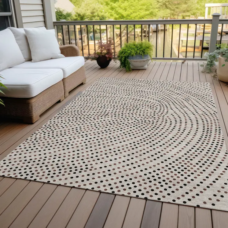 8' X 10' Taupe Black And Brown Polka Dot Washable Indoor Outdoor Area Rug