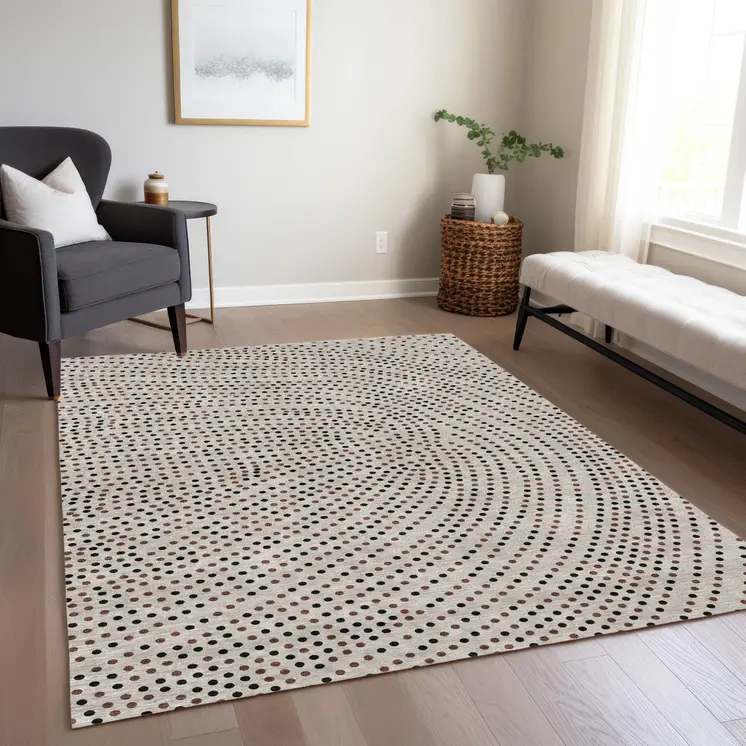10' X 14' Taupe Black And Brown Polka Dot Washable Indoor Outdoor Area Rug