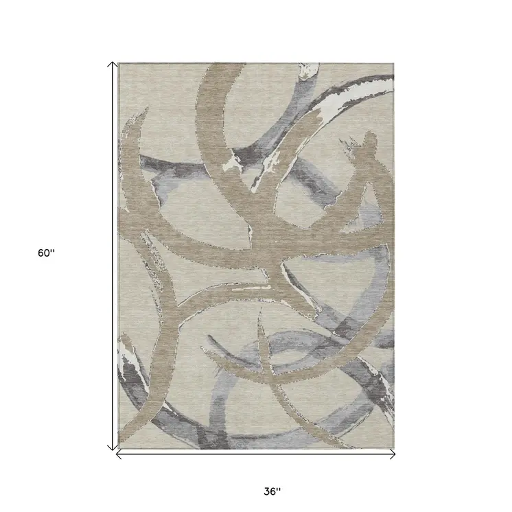 3' X 5' Beige Ivory And Gray Abstract Washable Indoor Outdoor Area Rug